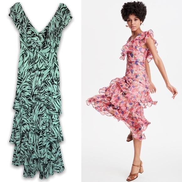 NEW WAYF Maxi Dress Ruffle Tier Flutter Sleeve Animal Print Summer Wedding Sz XS - Picture 2 of 9